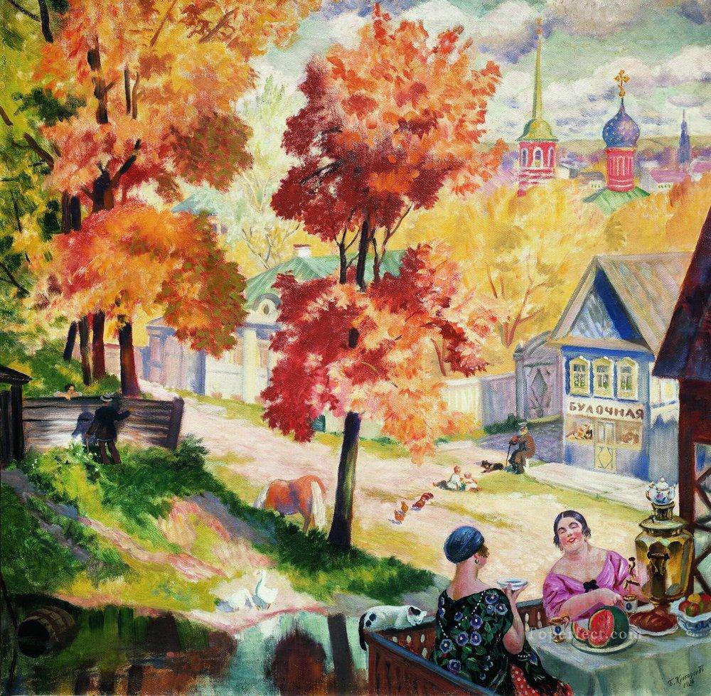 autumn in the province teatime 1926 Boris Mikhailovich Kustodiev cityscape city scenes Oil Paintings